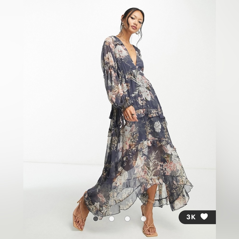ASOS DESIGN pleated layered tiered midi dress in navy floral print